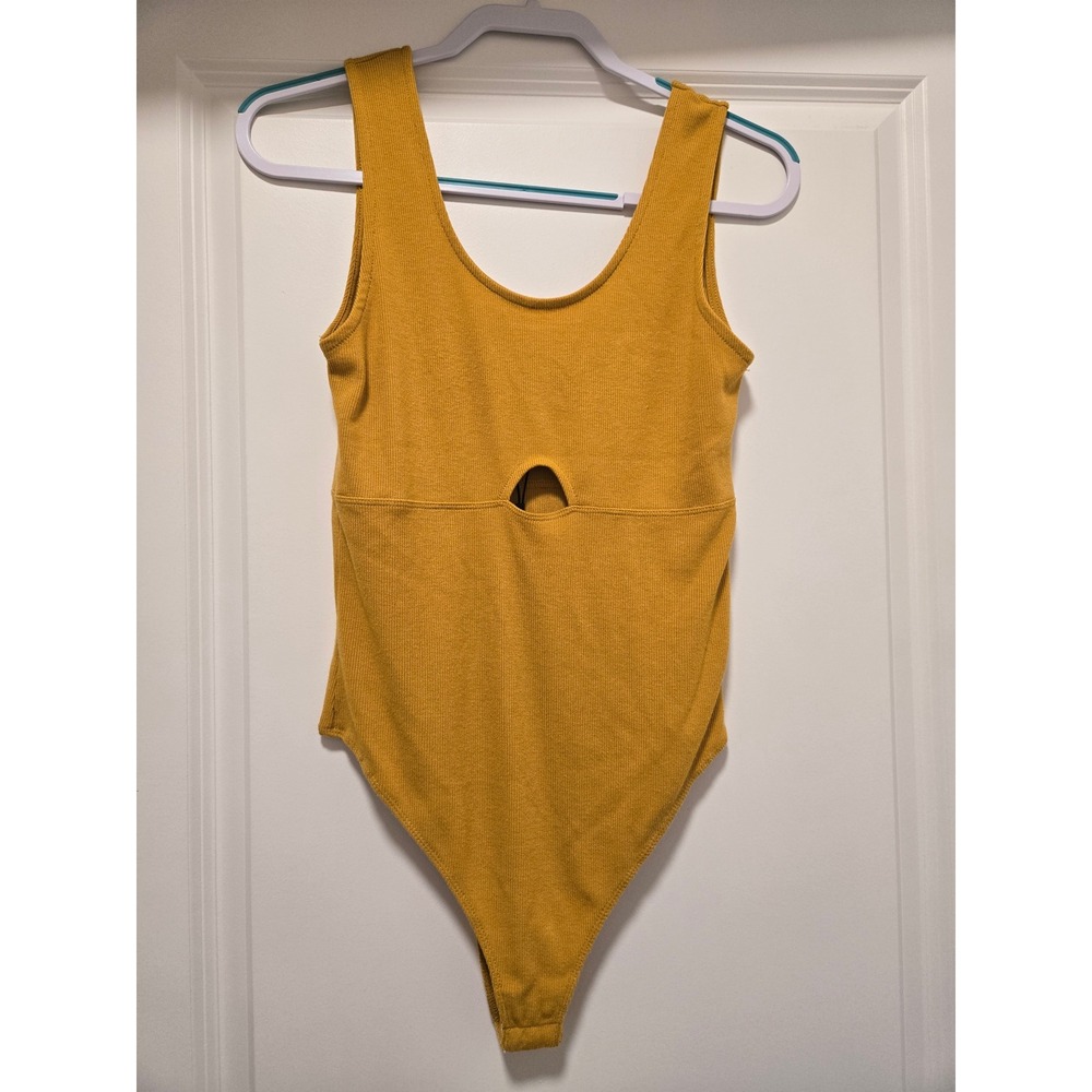 NWT True Religion Womens Antique Gold Ribbed Cutout Bodysuit Mustard Yellow L